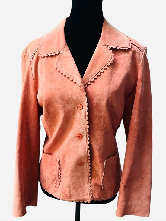 Karen Kane Jackets & Blazers - Karen Kane Vintage Pink Leather Jacket Scalloped Collar Satin Lined Size LP
